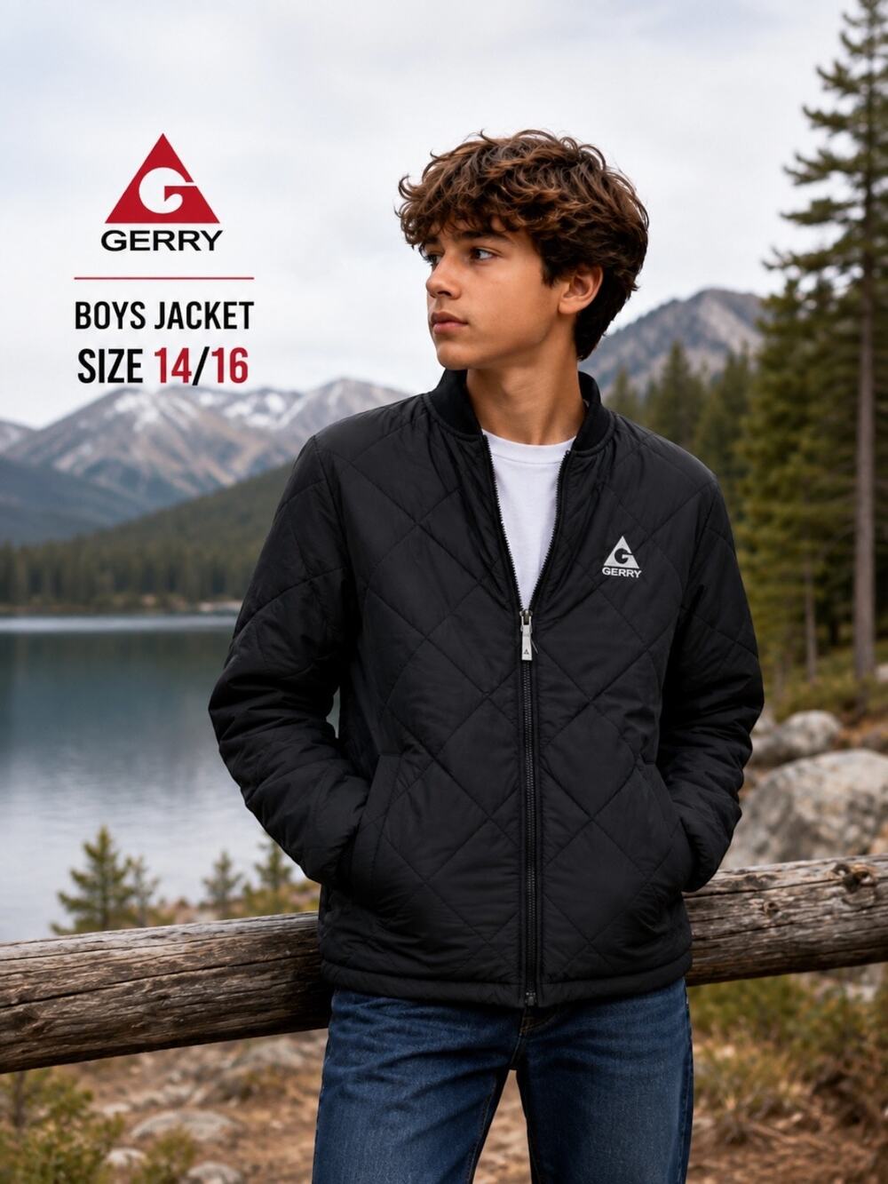 Gerry Boys Quilted Jacket Size 14/16 Black Full Zip Lightweight Coat